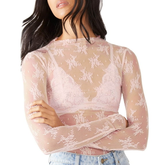 Mesh Shirt Women Long Sleeve Layering Mock Neck Floral Embroidery Sheer See Through Womens Golf Shirt,Pink,S