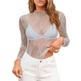 thumbnail image 1 of Mesh Shirt Women Long Sleeve Layering Mock Neck Floral Embroidery Sheer See Through Womens Summer Blouses,Grey,M, 1 of 7