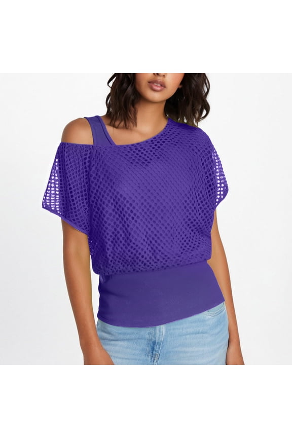 Mesh Short Sleeve Tops for Women Fishnet Top See Through Cover Up Off The Shoulder T Shirts Sheer Blouse Purple M