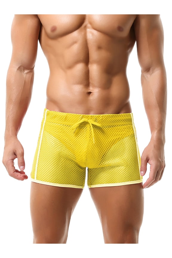 Mesh Shorts for Men Lounge Cover Up Underwear Boxer Briefs Hollow Openwork Short Trunks Drawstring Loose Workout Bikini Underpants Loungewear