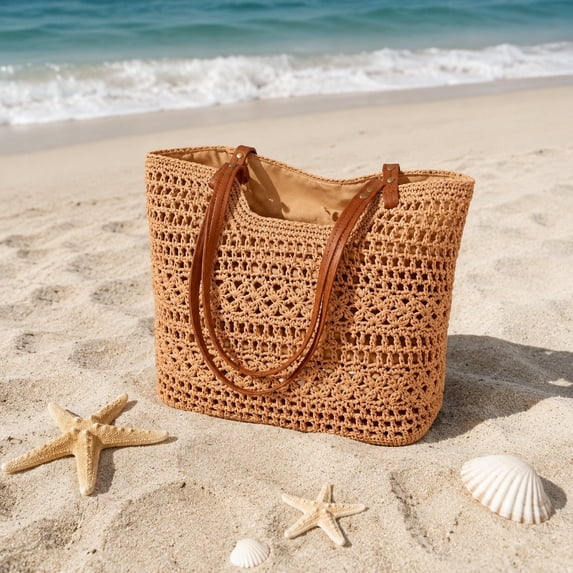 Mesh Shoulder Tote Bag, Large Capacity Lightweight Handmade, Polyester Water Repellent Beach Tote for Women