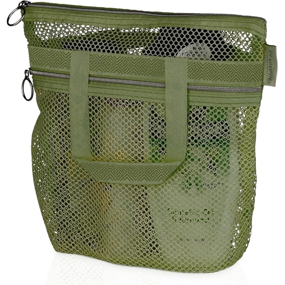 Mesh Shower Bag 10.2x9.9'' Quick-Dry Caddy with Zipper & 2 Pockets. Portable Toiletry Tote for Bathroom, Gym, Travel, Camp, Beach, for Sunscreen, Dorm & College Essentials (Olive Green)