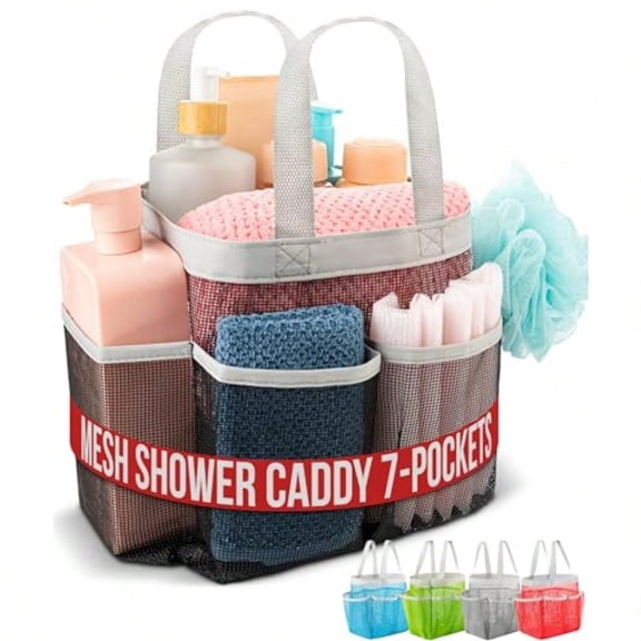 Mesh Shower Caddy - 7 Pocket Portable Bathroom Organizer Tote for Travel Gym and Dorm - Collapsible Small Shower Caddy Bag to Hold Toiletries and Essentials Black