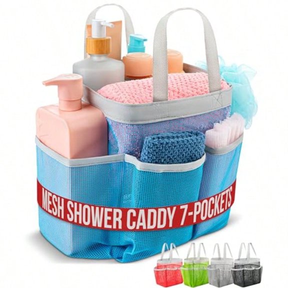 Mesh Shower Caddy - 7 Pocket Portable Bathroom Organizer Tote for Travel Gym and Dorm - Collapsible Small Shower Caddy Bag to Hold Toiletries and Essentials Blue