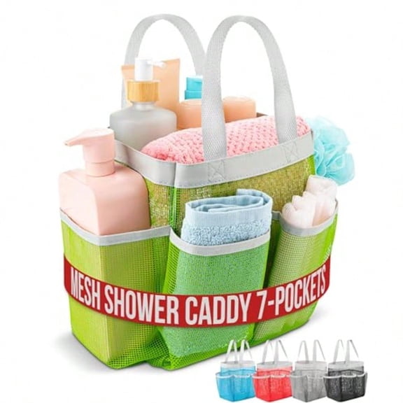 Mesh Shower Caddy - 7 Pocket Portable Bathroom Organizer Tote for Travel Gym and Dorm - Collapsible Small Shower Caddy Bag to Hold Toiletries and Essentials Green
