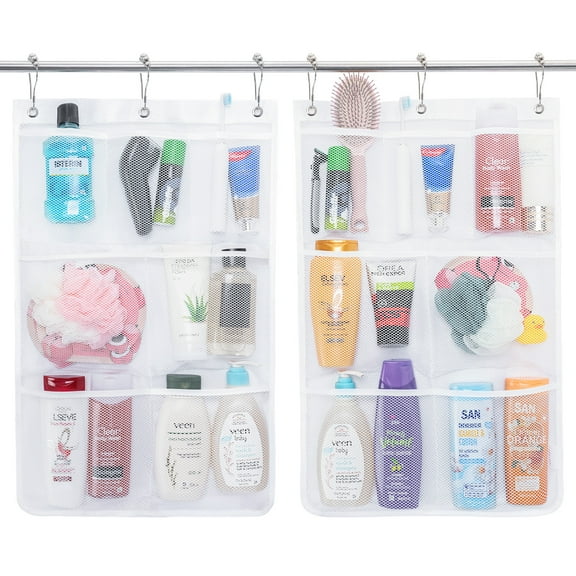 Mesh Shower Caddy, 7 Pockets Hanging Shower Organizer with Quick Drying Mesh, Portable Space Saving Bathroom Organizer to Hold Soap, Shampoo and Cruise Ship Essentials, White, 2 Pack