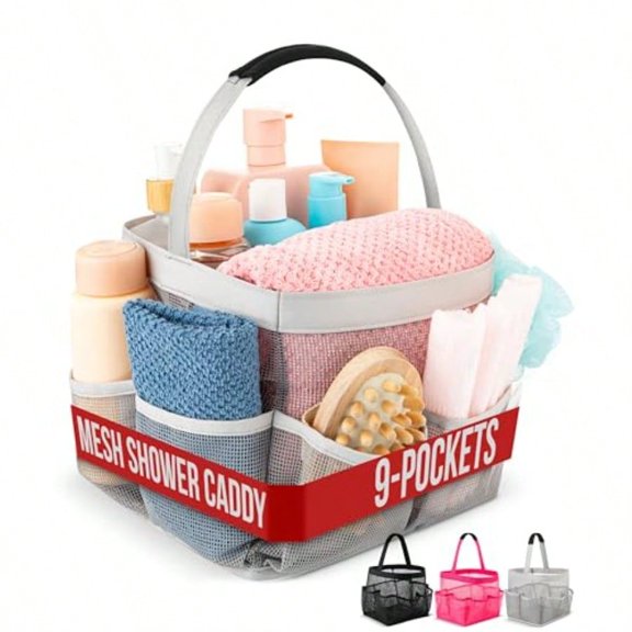 Mesh Shower Caddy - 9 Pocket Portable Bathroom Organizer Tote for Travel Gym and Dorm - Collapsible Small Shower Caddy Bag to Hold Toiletries and Essentials Gray