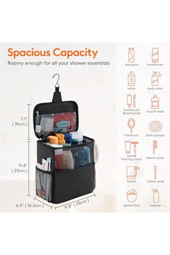Mesh Shower Caddy Bag Portable College Dorm Room Essentials Caddy Tote Basket for Bathroom, Gym, Travel, Camping Quick Dry Hanging Shower Organizer Toiletry Bag for Women Men, Large, Black
