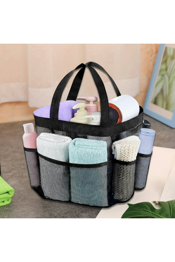 Mesh Shower Caddy Bag Portable Organizer | Large Capacity 8-Pocket Black Polyester Tote | Quick Dry Breathable for Gym, Beach, Camping, Travel, Dorm | Reinforced Handles & Base | 9x7.2x6.3in