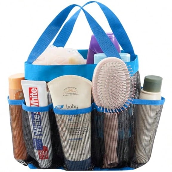 Mesh Shower Caddy Portable for College Dorm Room Essentials with 7 Pockets Freestanding Hanging Organizer Basket Quick Dry Tote Bag for Camping Bathroom Beach Travel 1 Pack Blue