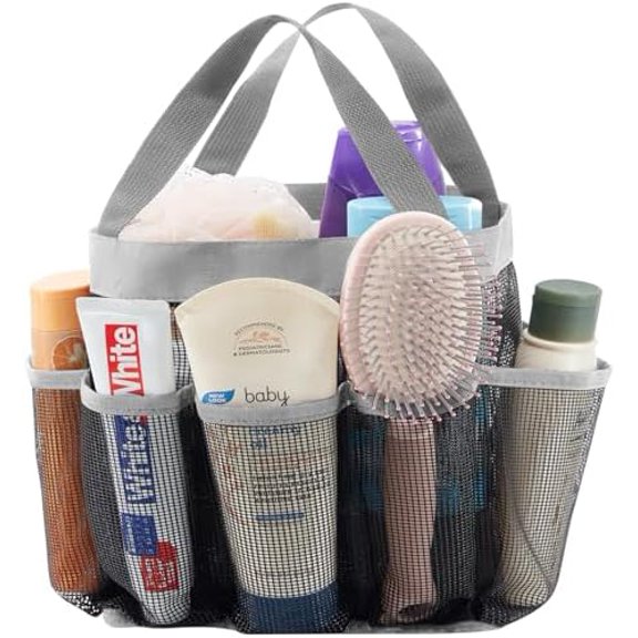 Mesh Shower Caddy Portable for College Dorm Room Essentials with 7 Pockets, Freestanding Hanging Organizer Basket, Quick Dry Tote Bag for Camping, Bathroom, Beach, Travel, 1 Pack, Grey
