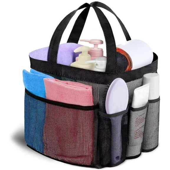 Mesh Shower Caddy Portable for College Dorm Room Essentials organizer, 8-Pocket Large Capacity, Quick Dry Shower hanging Caddy Dorm Basket for Bathroom Beach, Toiletry,Swimming, Gym,Camping (Black)