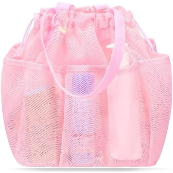 Mesh Shower Caddy Portable with Drawstring, Dorm Room Essentials for College Students Girls, Large Shower Bag for Camping,Swimming,Gym,Travel,Bathroom - Pink