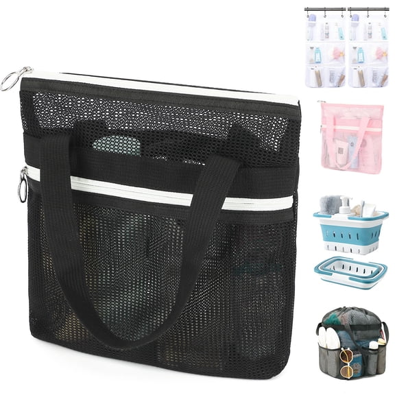 Fammart Mesh Shower Bag, Quick-Dry Shower Caddy with Zipper & 2 Pockets. Portable Toiletry Bag for Bathroom, Gym, Travel, Camp, Beach, Dorm & College Essentials (Black)