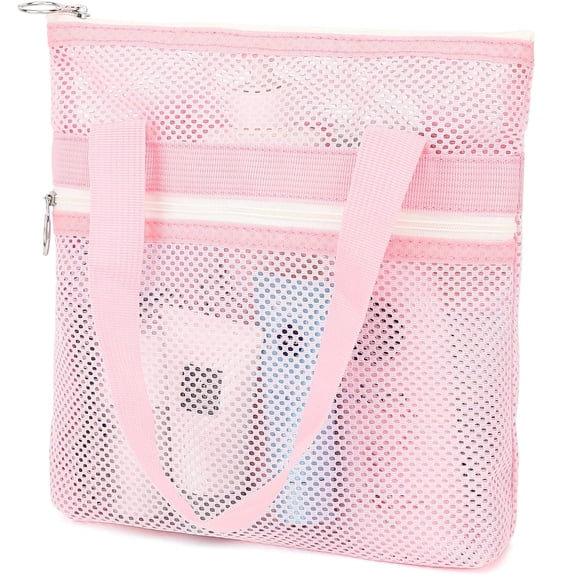 Fammart Mesh Shower Bag, Quick-Dry Shower Caddy with Zipper & 2 Pockets. Portable Toiletry Bag for Bathroom, Gym, Travel, Camp, Beach, Dorm & College Essentials (Pink)