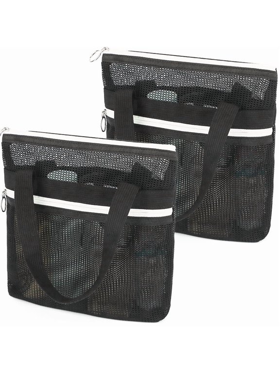 Mesh Shower Bag, Quick-Dry Shower Caddy with Zipper & 2 Pockets. Portable Toiletry Bag for Bathroom, Gym, Travel, Camp, Beach, Dorm & College Essentials (Black)