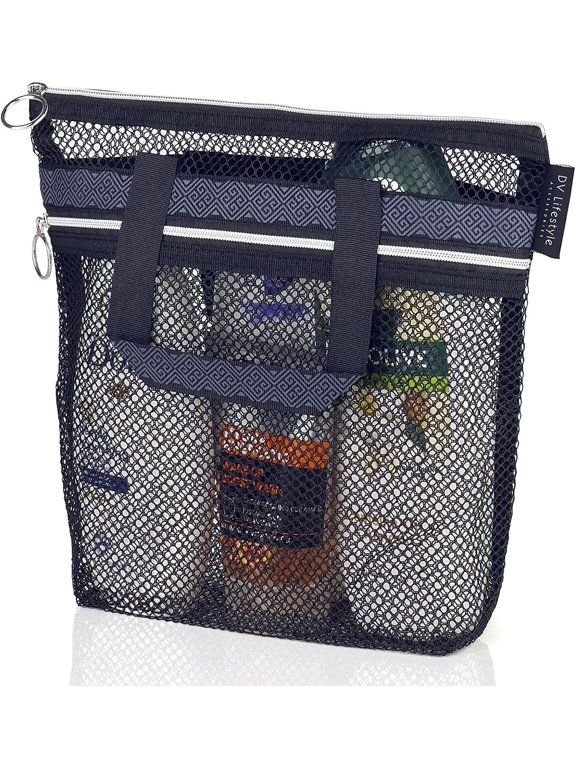 Mesh Shower Caddy Quick Dry Shower Bag with Zipper.Quick Dry Tote Bag Mesh Beach Bags Portable Shower Tote, Ideal for Gym, Travel, Camp, Beach, for Sunscreen, or as part of College Essentials (black)