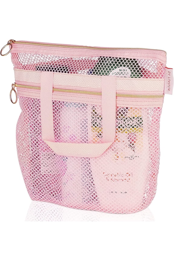 Mesh Shower Caddy Quick Dry Shower Bag with Zipper.Quick Dry Tote Bag Mesh Beach Bags Portable Shower Tote, Ideal for Gym, Travel, Camp, Beach, for Sunscreen, or as part of College Essentials (pink)