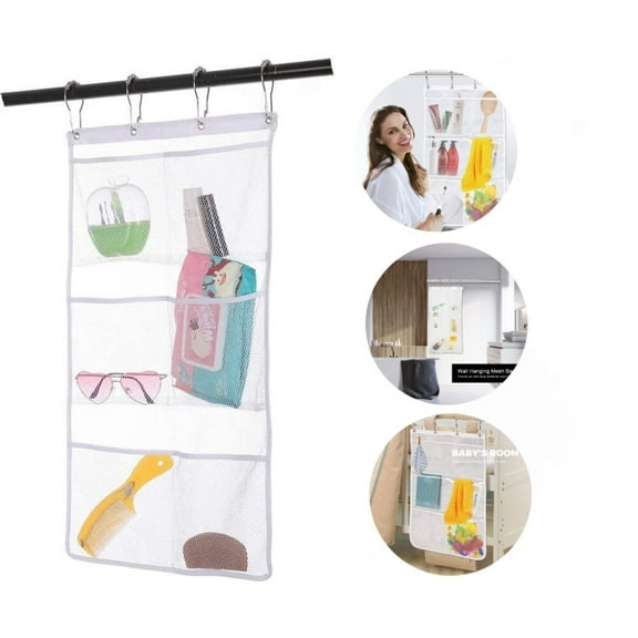 Mesh Shower Organizer Hanging Mesh Pockets Bathroom Caddy 6 Pockets Hang Curtain Rod with 4 Rings, Shampoo Shower Organizer, Quick Dry, Space Saving