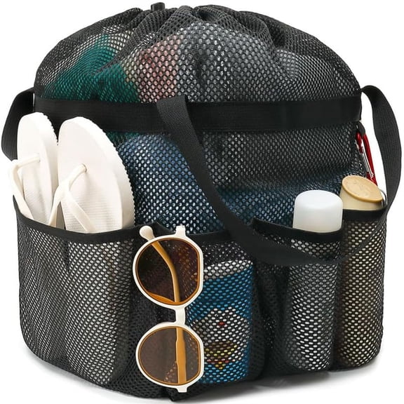 Mesh Shower Portable with Drawstring, Dorm Room Essentials for College Girls Guys, 8-Pocket Extra Large Shower Bag Basket Tote for Camping Beach Gym Travel Toiletry Bathroom
