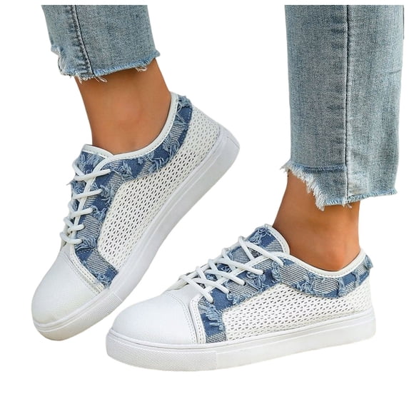 Mesh Skate Sneakers for Women Denim Patchwork Casual Lace up Tennis Shoes for School Walking Every Day Wear