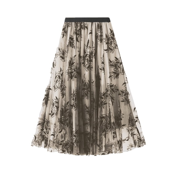 Mesh Skirts for Women Layered Tulle Skirt Maxi Party Summer Casual Swing Skirts Floral Embroidery Long Skirt High Waist Elegant A-Line Skirts