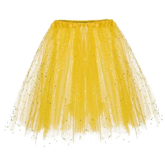 Mesh Skirts for Women Teen Girls Elastic 3 Layered Sparkly Tulles Tutus Short Skirt Yellow One Size