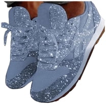 Mesh Sneakers for Women Glitter Sequin Trendy Tennis Shoes Lace up Nonslip Casual Trainers Walking Shoes Thick Sole Athletic Shoes Blue Size 8
