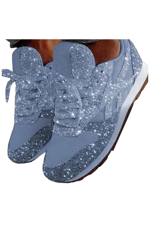 Mesh Sneakers for Women Glitter Sequin Trendy Tennis Shoes Lace up Nonslip Casual Trainers Walking Shoes Thick Sole Athletic Shoes Blue Size 8