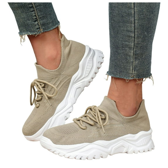 Mesh Sneakers for Women Plus Size Elastic Knit Slip on Platform Tennis Shoes Nonslip Cushioning Arch Support Lace up Walking Shoes Khaki Size 11.5