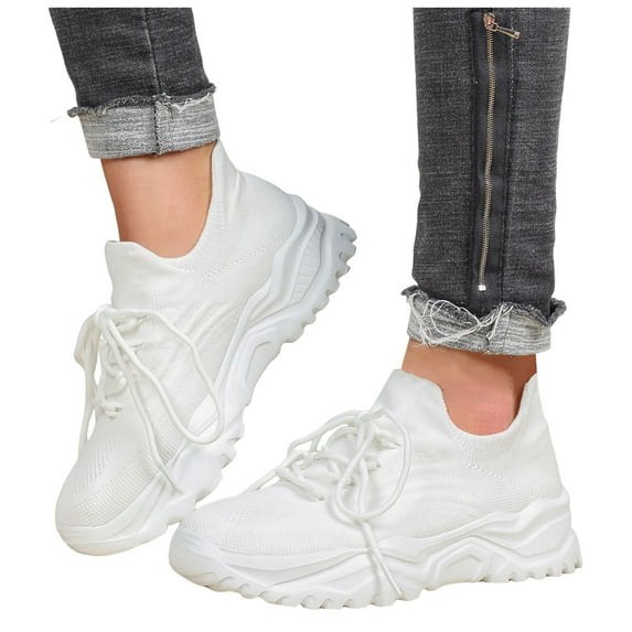 Mesh Sneakers for Women Plus Size Elastic Knit Slip on Platform Tennis Shoes Nonslip Cushioning Arch Support Lace up Walking Shoes White Size 9