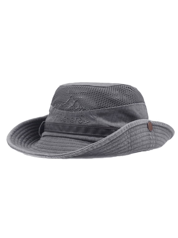 Mesh Spliced Fisherman Hat, Men Cotton Embroidery Sun Cap, Outdoor Climbing Leisure Hat, Breathable Quick Dry Headwear For Hiking Camping Daily Outdoor Sun Shade Trendy Casual Hat,Grey