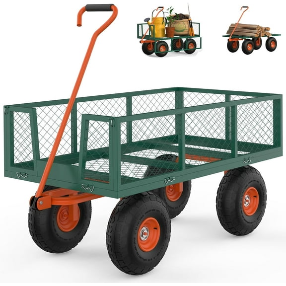 Mesh Steel Garden Cart 500 LBS, 3-in-1 Pullable Garden Wagon with 10 inch Wheels, 180° Rotating Handle for Outdoor, Farm, Lawn and Garden, Heavy Duty Flatbed