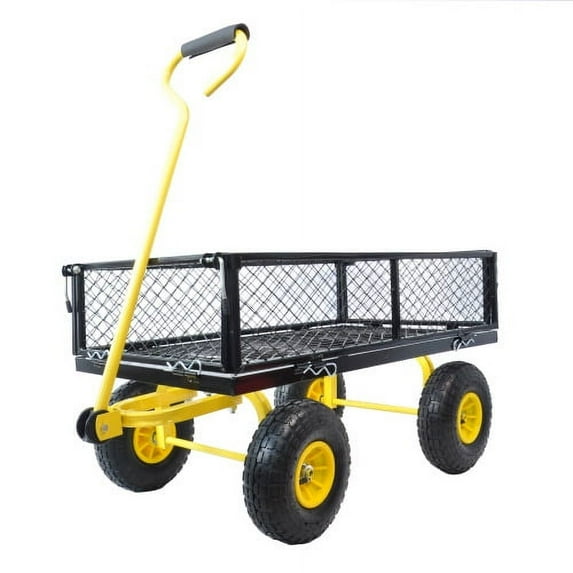 Mesh Steel Garden Cart 550 lbs, Folding Utility Wagon with 10 Inch Wheels, Yellow