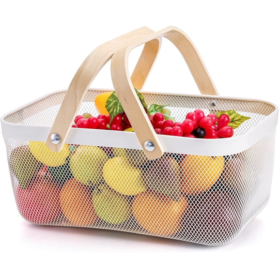 Mesh Storage Basket with Handle, Garden Harvest Basket, Mesh Fruit Basket Bin for Gathering Vegetables, Multi-functional Metal Wire Basket for Kitchen Garden Picnic Cabinet, White