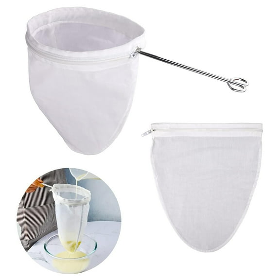 Mesh Strainer Bag with Stainless Steel Frame and Handle for Nut Milk Coffee Butter Juices Cheese Commercial Grade Reusable Kitchen Straining Tool, 14×7.5 inch, Silver