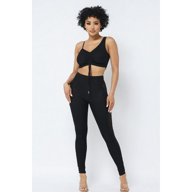 Mesh Strappy Adjustable Ruched Crop Top With Matching See Through Side  Panel Leggings L 