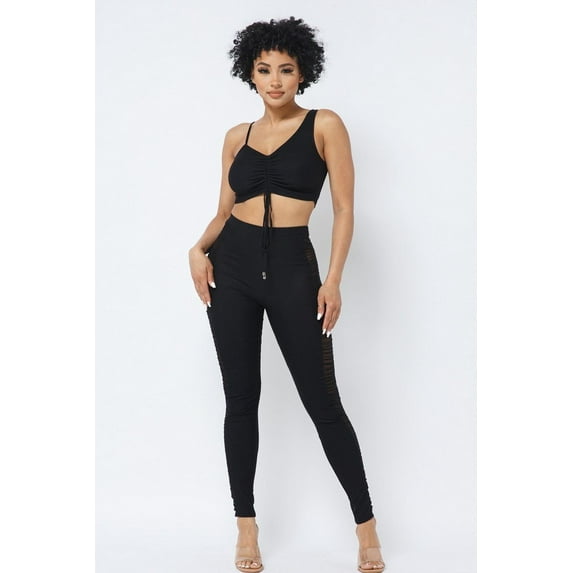 Mesh Strappy Adjustable Ruched Crop Top With Matching See Through Side Panel Leggings S