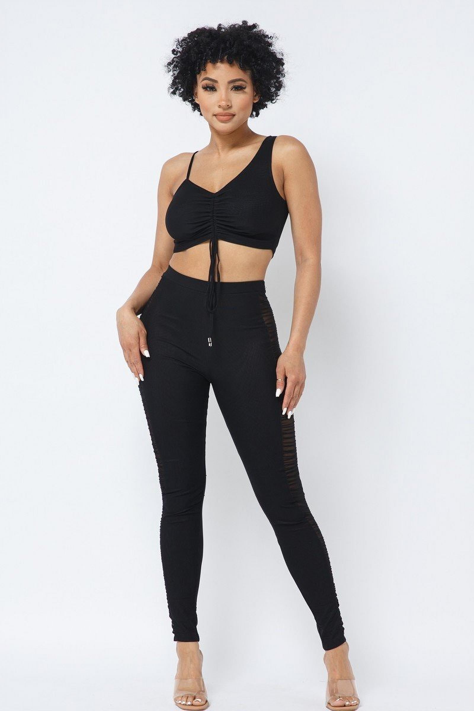 Mesh Strappy Adjustable Ruched Crop Top With Matching See Through Side Panel  Leggings 