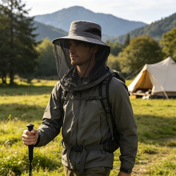 Mesh Sun Hat, Mosquito Protection Fishing Cap, Outdoor Hiking Hat, Breathable, Foldable, Nylon, Black