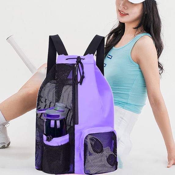 Oxford Mesh Drawstring Swim Backpack, 18.11x11.41x5.90in, Large Capacity Wet-Dry Separate Gym Bag with Water Bottle Pocket for Beach Fitness Travel Gear, Purple