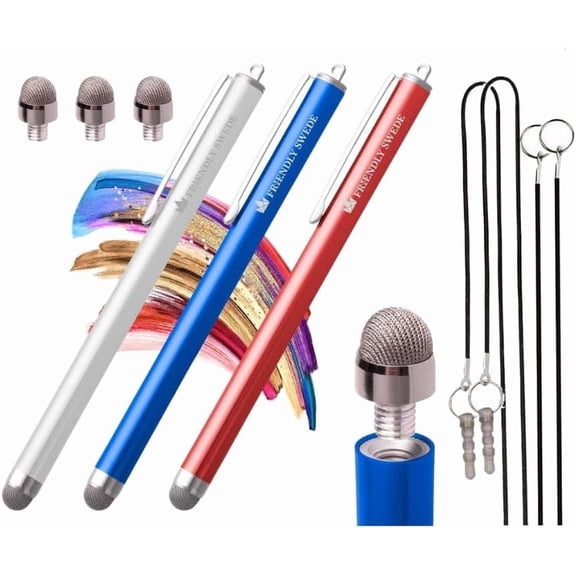 Mesh Tip Stylus Pen for Touchscreen 3-Pack Micro-Knit Capacitive iPad & iPhone with 3 Replaceable Fiber Tips, Elastic Lanyards Screen Cleaning Cloth