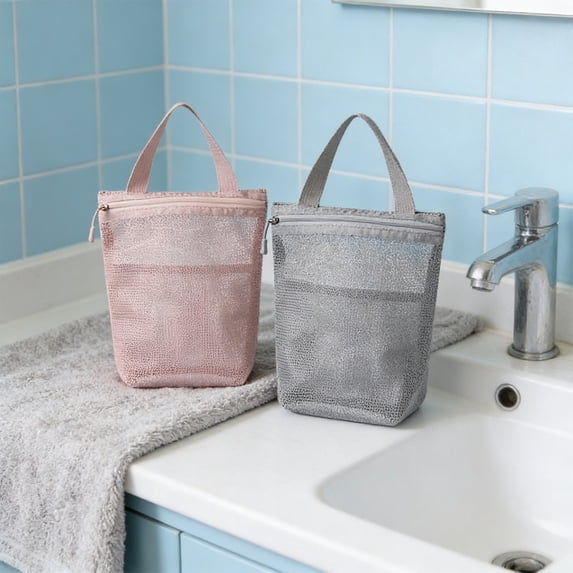 Mesh Toiletry Bag with Handle, Portable Travel Shower Caddy Organizer, Quick Dry Polyester Mesh Bath Bag for Men and Women, Large Capacity for Gym and Business Trips