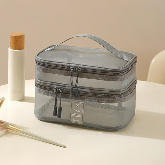 Mesh Toiletry Bag Travel Cosmetic Bag Large Capacity Multi Layer Makeup Bag Transparent Organizer Bag with Handle for Women Men Hanging Toiletries Bag Portable Storage Bag