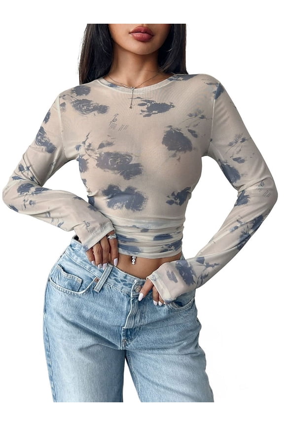 Mesh Top Mesh Crop Top for Women Y2K Long Sleeve Crew Neck Top Cream White XXL