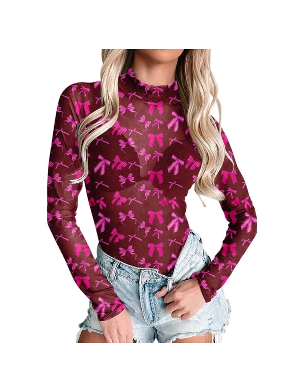 Mesh Top Women Bodysuits for Women Valentines Day Multi-Hearts Neck Long Sleeve Shirt Body Suit Slim Fitted Y2k Jumpsuit Fall Outfits Slim Fit Blouses Party Clubwear Shirts