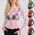 thumbnail image 1 of Mesh Top Women Women's Long Sleeve Neck Sheer Blouse See Through Floral Lace Tops Pink M, 1 of 6