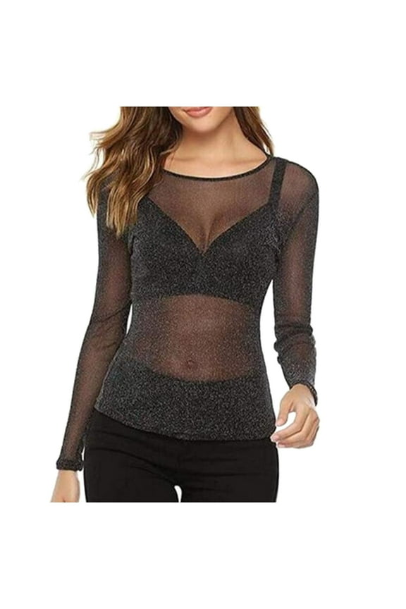Mesh Top Women's Transparent Glitter Mesh Top Black Transparent Long Sleeve Shirt Women's Shirts Summer Dark Shirt Women Shirt Loose Ladies Workout Dark Shirt for Women Long Sleeve Tees Blank Athletic