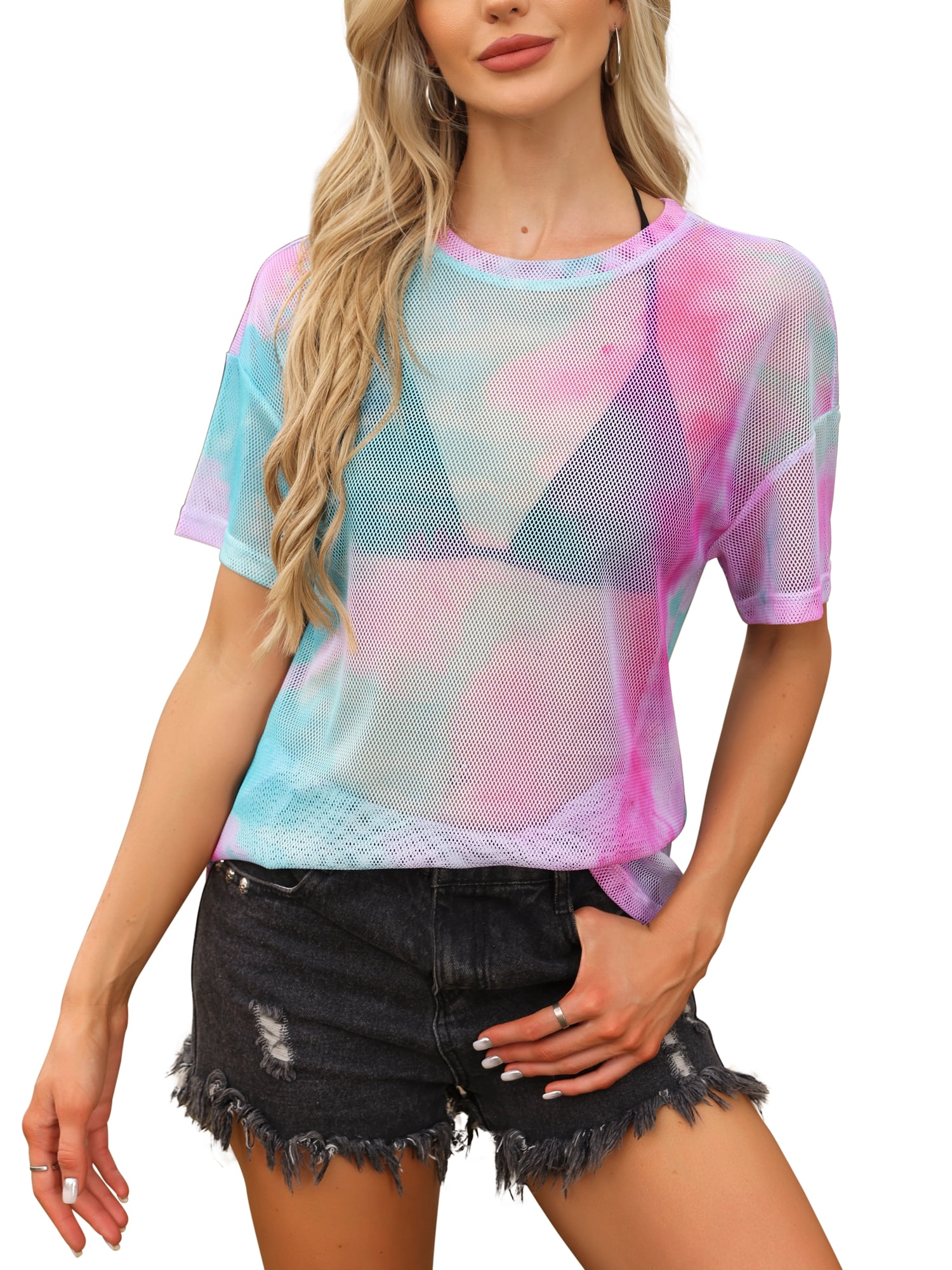 Mesh Top for Women Crew Neck Short Sleeve Sheer Sexy t Shirts XS