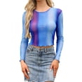 thumbnail image 1 of Mesh Top for Women Crop Tops Long Sleeve Crew Neck Party t Shirt XS Blue Purple, 1 of 6